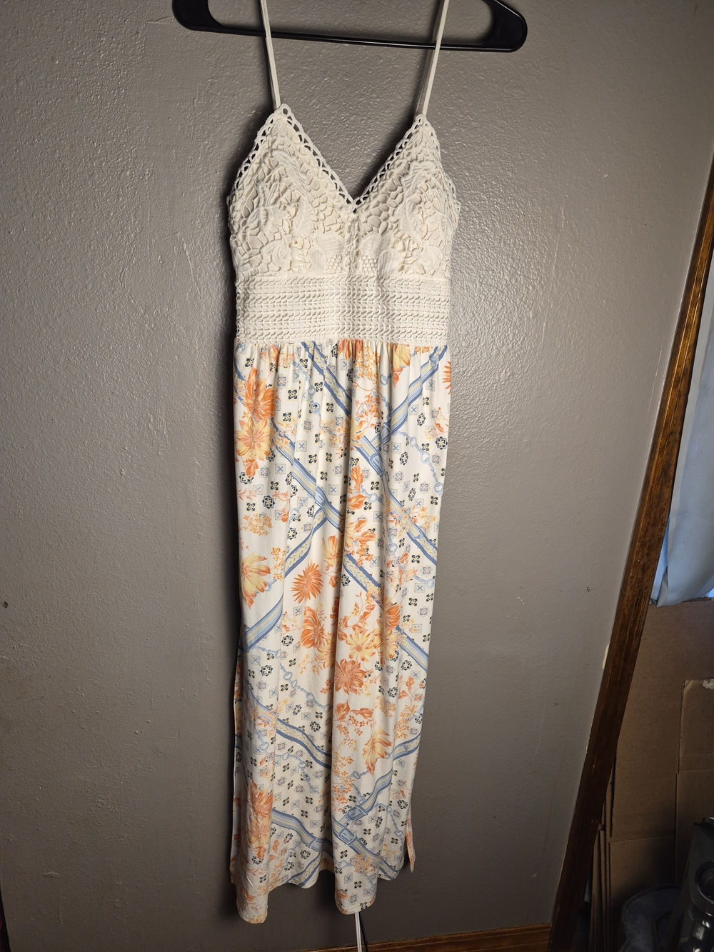 No Boundaries Crochet Bust Floral Maxi Dress in White and Peach